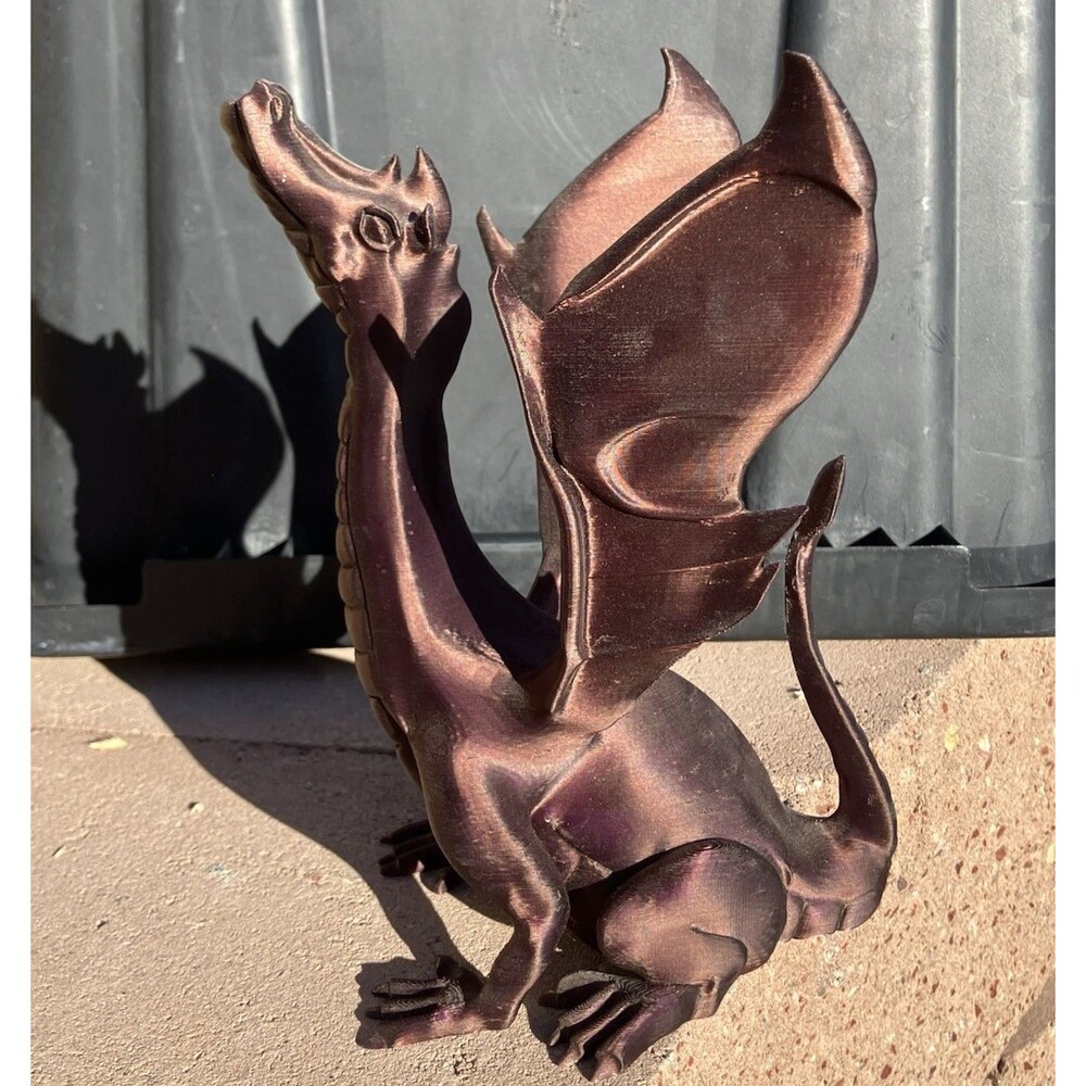 3D Printed Dragon Figurine Metallic Copper Fantasy Winged Sculpture 9”x6”